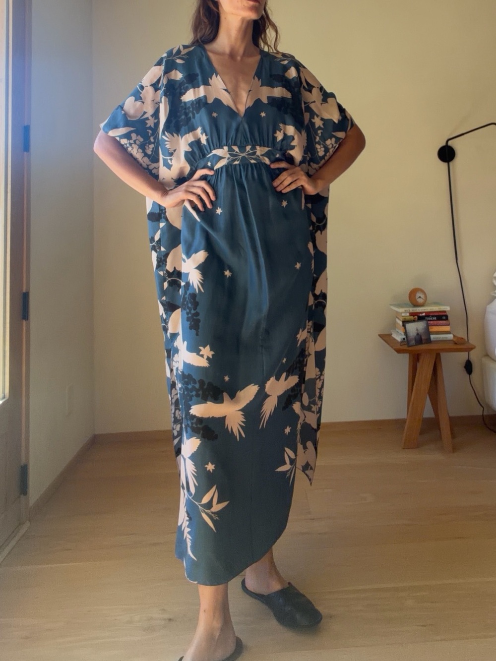 Elegant Teal Floral Caftan Dress - Women SILK